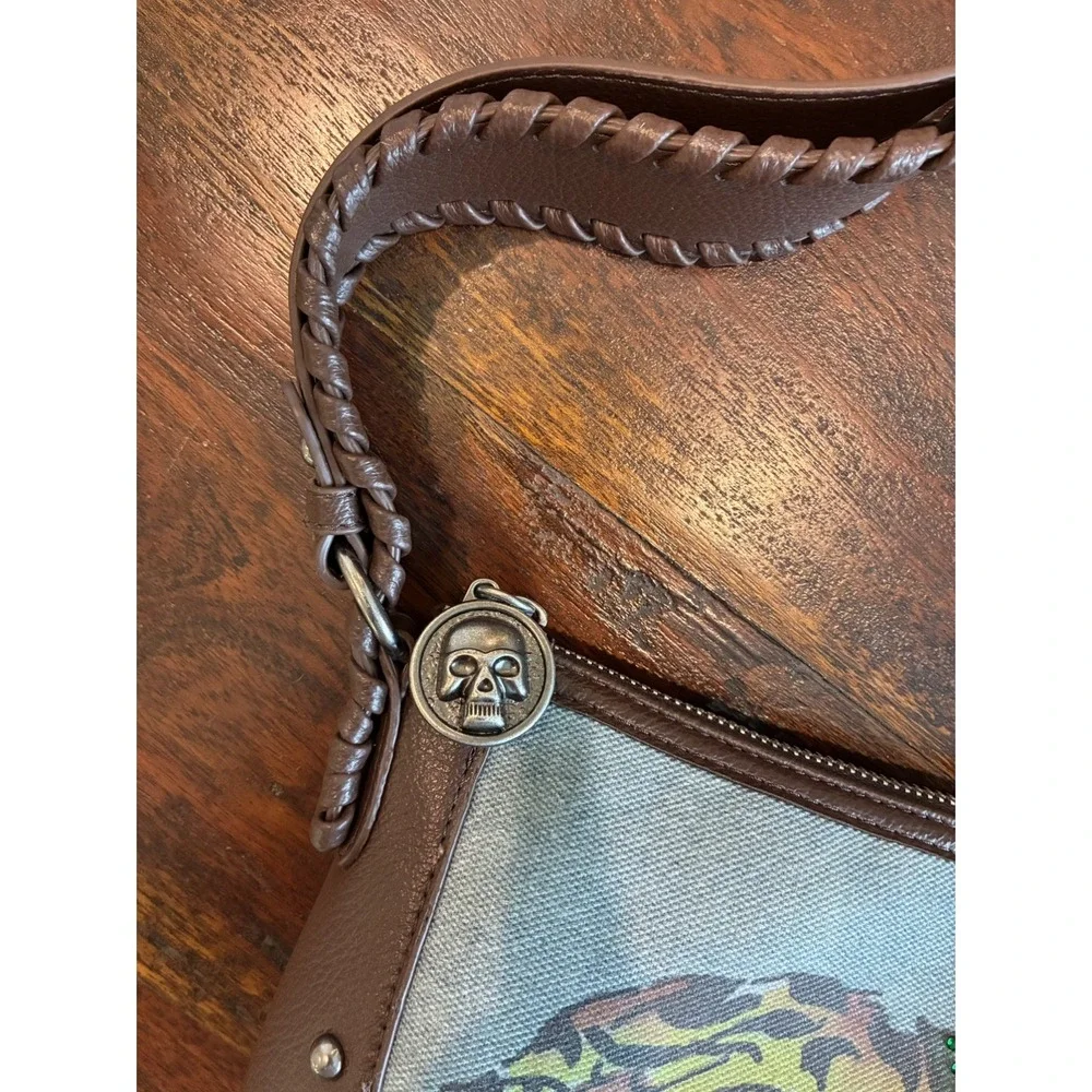 Ed Hardy~ Large Hobo Bag Demin Brown Leather Eternal Love Rhinestone Tiger Studs